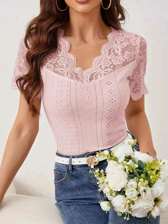 Lace Trim Eyelet Embroidered Summer T Shirt