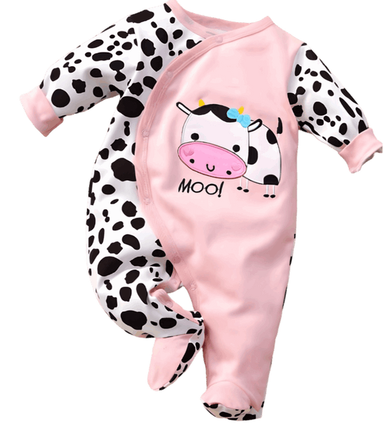 Adorable Cow Print Footed Jumpsuit in Soft Cotton for Baby Girls