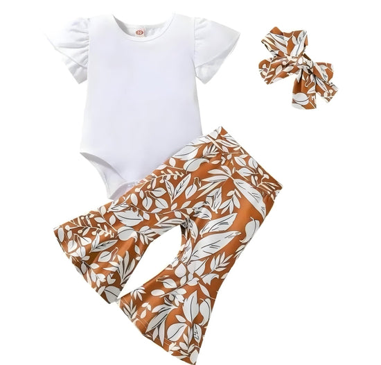 Baby Girl Bell-Bottom Pants With White Bodysuit Set & Headwrap